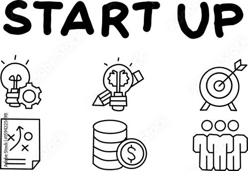 Black and white startup icon set showing innovation, planning, teamwork, funding, and goal achievement. Perfect for business, pitch decks, and entrepreneurship.