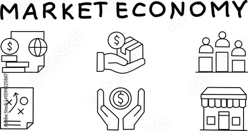 Line icons representing market economy concepts, including trade, investment, competition, strategy, and consumer markets—perfect for business, finance, and education uses.