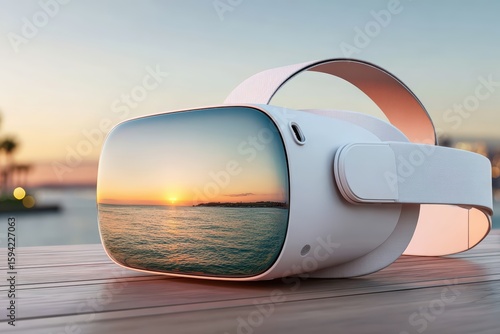 Immersive VR Headset Reflecting Beautiful Sunset Over Tranquil Ocean for Future Technology and Travel Enhancement