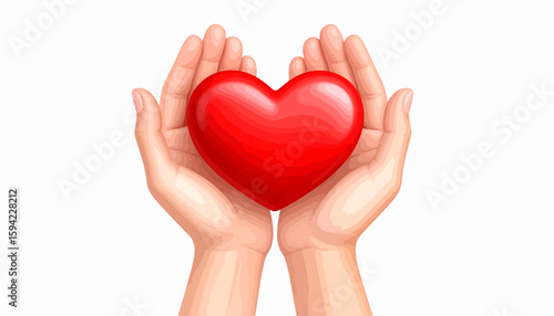 A pair of hands gently holding a large red heart, symbolizing love and care.