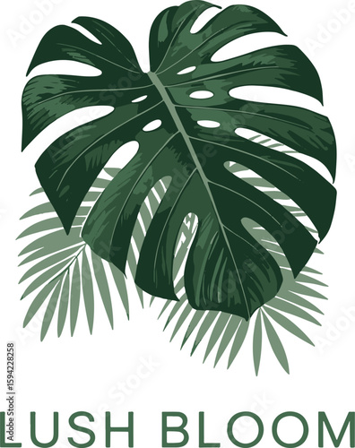 Lush jungle foliage and exotic plant life with vibrant green leaves and tropical elements