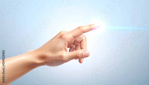 A hand with a pointing finger touches a bright, glowing light source against a light blue background.