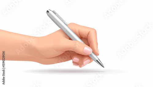 A hand holding a silver pen, poised to write on a blank surface.
