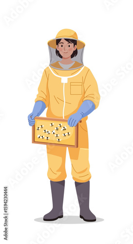 Female Beekeeper in Protective Suit Holding Honeycomb
