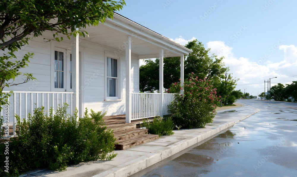 the modern American rural street on the front porch is drizzling, and the cement road is full of water stains the modern American rural street on the front porch is drizzling, and the cement road is full of water stains