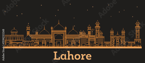 Outline Lahore Pakistan City Skyline with orange Buildings. Business Travel and Tourism Concept with Historic Architecture. Lahore Cityscape with Landmarks.
