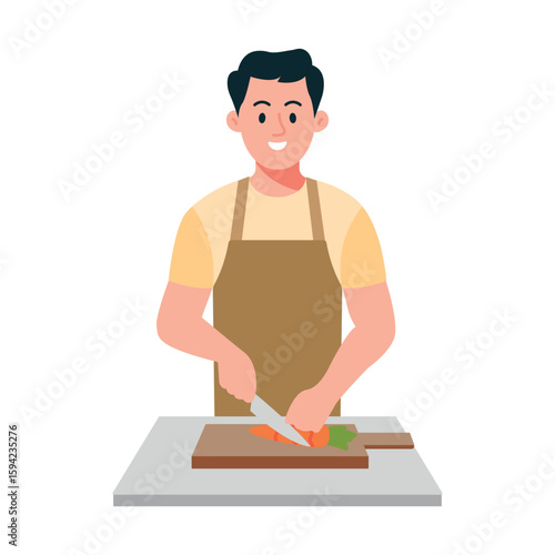 Man Cutting Carrot on Board