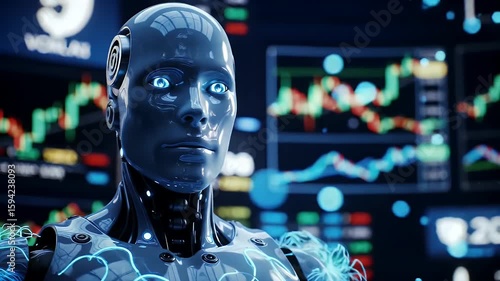 AI Robot Monitoring Stock Market Trends. An intelligent robot observes dynamic stock market trends on multiple screens, representing AI in modern finance and digital trading systems.