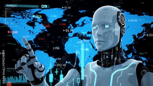Global AI Analyzing Market Data. A humanoid AI robot interacts with global market data and futuristic graphs, symbolizing advanced artificial intelligence in financial analysis.