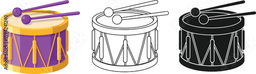 Drum vector illustration set: cartoon drum, outline drum, silhouette drum for music education design