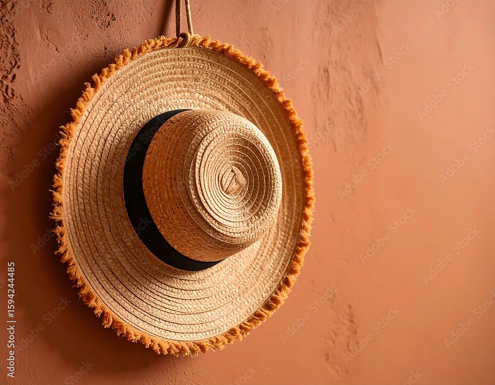Woven Sun Hat: An elegant woven sun hat hangs gracefully against a warm, textured terracotta-colored wall, the perfect accessory for embracing sun-kissed days and relaxed moments. Woven Sun Hat: An elegant woven sun hat hangs gracefully against a warm, textured terracotta-colored wall, the perfect accessory for embracing sun-kissed days and relaxed moments.