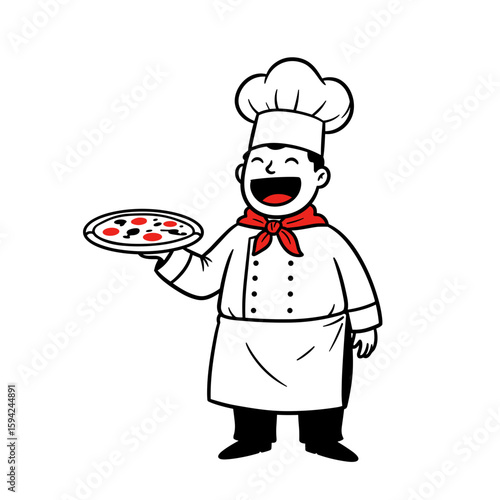 Happy chef holding a pizza on a plate with a big smile on a white background for pizza festival concept