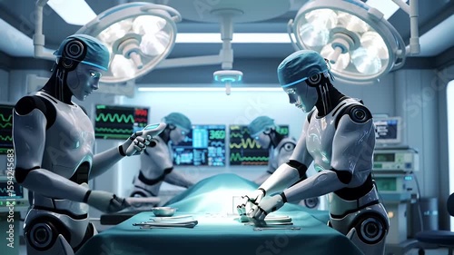 Surgical Robots Performing Medical Operation. Medical robots conduct a high-precision surgery in a sterile operating room, showcasing futuristic healthcare and robotic medical innovation.