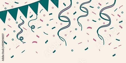 Bright birthday confetti dropping on clear background, cheerful birthday and party decoration for vertical social media design in green white background vector illustration.