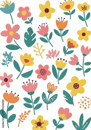 Wallpaper Mural seamless background with flowers, Collection of spring colorful flower elements vector. Set floral of wildflower, leaf branch, foliage on white background. Hand drawn blossom illustration for decor, e Torontodigital.ca