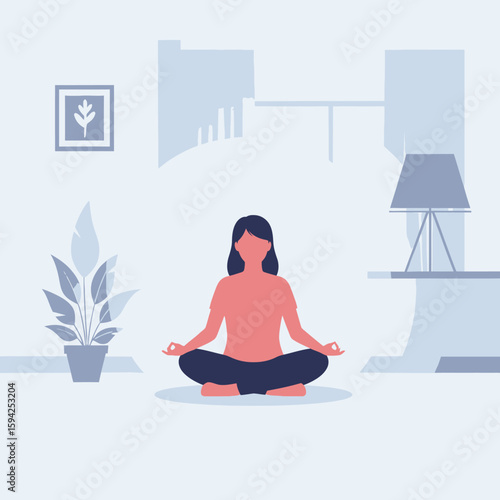 Woman meditating in lotus position in a calming, stylized room with a plant and lamp.
