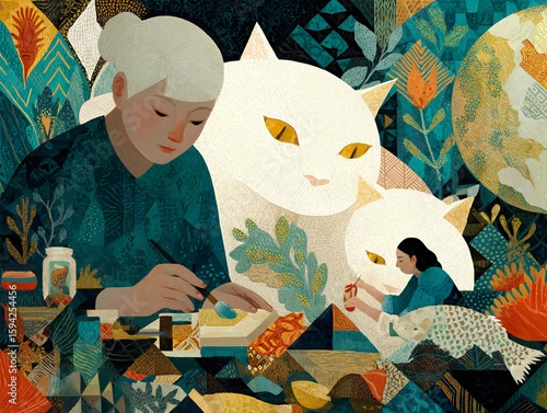 Woman Painting with Cat in Whimsical Nature Surrounding Art