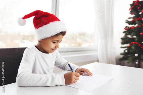 Black skin smiling Boy wearing a santa claus hat at home, writes a letter asking for a gift for Christmas