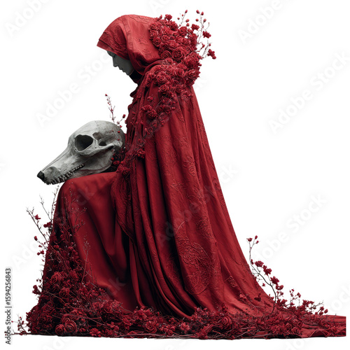 Mysterious Red Cloaked Figure with Skull and Floral Accents