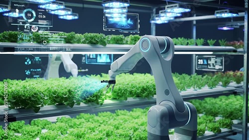 AI Robot Farming Technology. A futuristic AI robot operates in a high-tech indoor farm, tending hydroponic lettuce using precision and automation for sustainable smart agriculture.