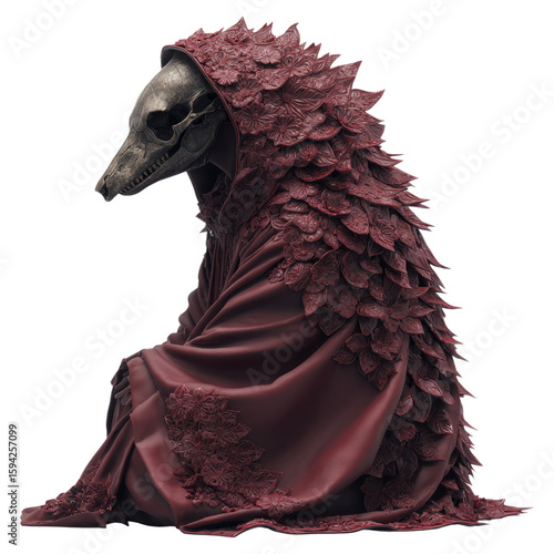 Mysterious Figure in Cloak with Animal Skull and Leaf Details