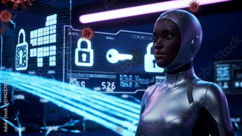 Cybersecurity Defense Against Virus Infiltration. A futuristic AI system defends against digital virus threats with advanced cyber shields in a high-tech environment.