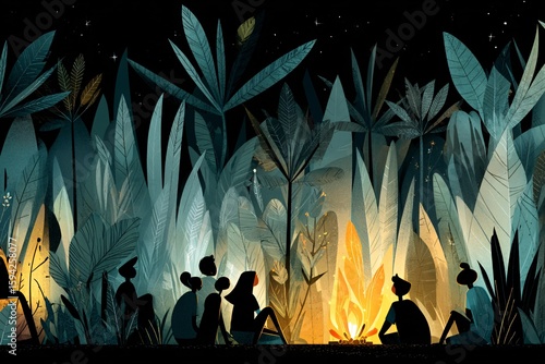 People Sitting Around Campfire in Forest Under Starry Sky