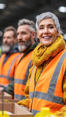 Smiling Volunteer with Gray Hair in Bright Safety Vest at Warehouse