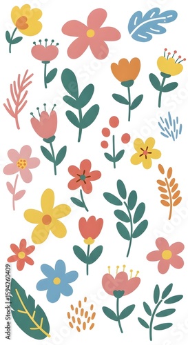 Wallpaper Mural seamless floral background, Collection of spring colorful flower elements vector. Set floral of wildflower, leaf branch, foliage on white background. Hand drawn blossom illustration for decor, easter, Torontodigital.ca