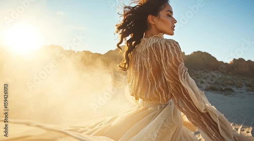 Editorial fashion shoot in desert environment, wind blowing through designer dress, cinematic lens flare

