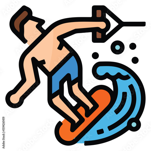 Beach Ski Lift Icon - Chairlift Over Ocean Waves - EPS 10 Vector