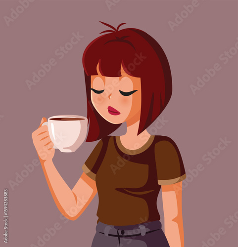 Tired Young Woman Holding a Cup of Coffee Vector Illustration. Sad young lady having a hot beverage to recover 
