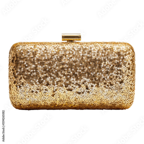 Elegant Gold Clutch Purse with Shiny Sequins on Transparent Background