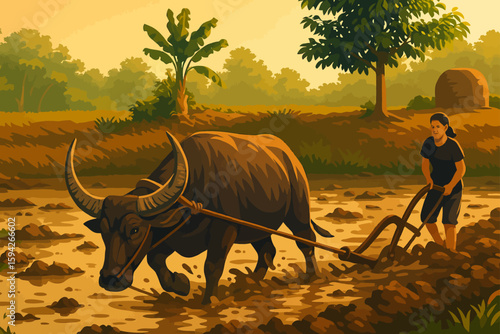 The illustration depicts a traditional rural farming scene during the early hours of the day. A farmer, dressed in simple clothing, is plowing a muddy rice field with the help of a large water buffalo