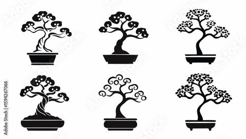 Six bonsai trees in pots with different shapes and styles in a black and white vector illustration | editable eps vectors silhouette