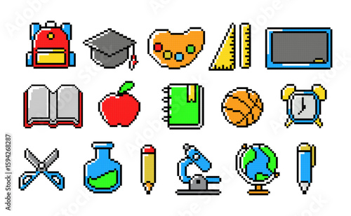 Retro Pixel Back to School Icons Set