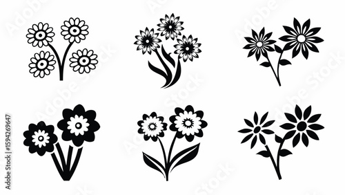 Collection of six floral arrangements featuring various flower designs in black and white vector format | editable eps vectors silhouette