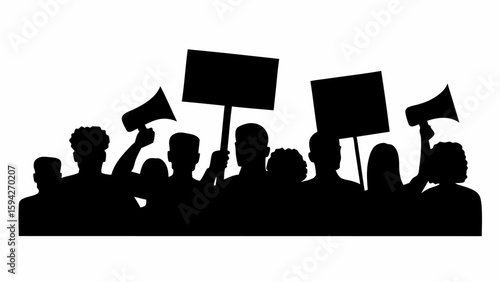 Silhouette of a crowd of protesters holding signs and megaphones in a demonstration for change | editable eps vectors