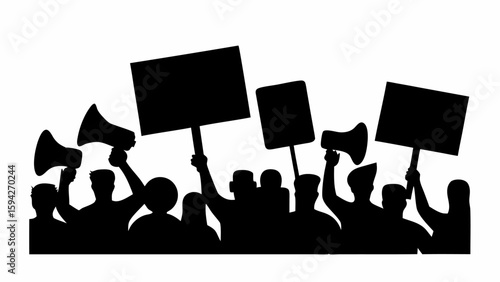 Silhouette of a crowd protesting with signs and megaphones raised in the air for demonstration rights | editable eps vectors