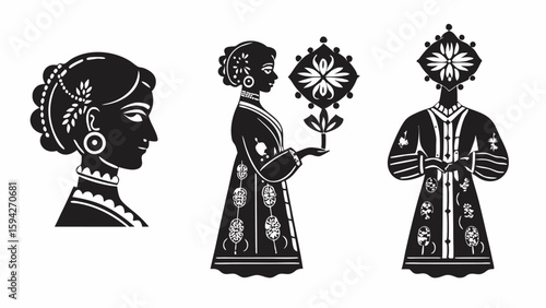 Three stylized figures of women in traditional clothing and jewelry in black and white artwork style | editable eps vectors silhouette