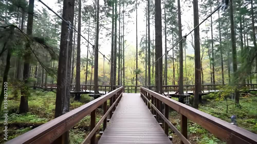 Forest wooden walkway between tall trees, cables above, green below Forest wooden walkway between tall trees, cables above, green below