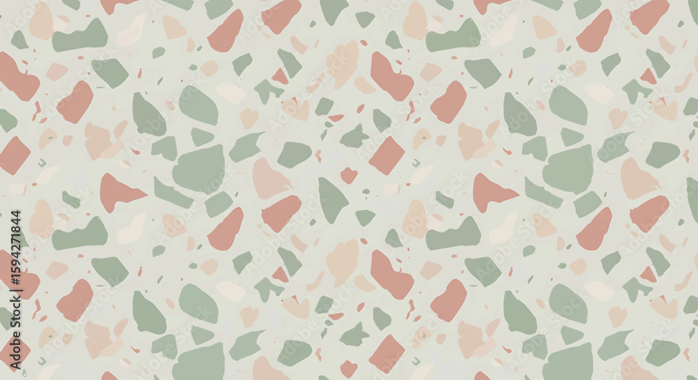 Terrazzo pattern with scattered fragments in shades of pink, green, and beige on a light background, creating a textured, decorative surface.