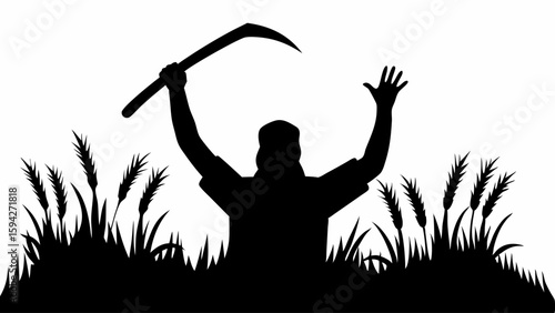 Silhouette of a farmer holding a scythe in a wheat field with arms raised in a celebratory gesture | editable eps vectors