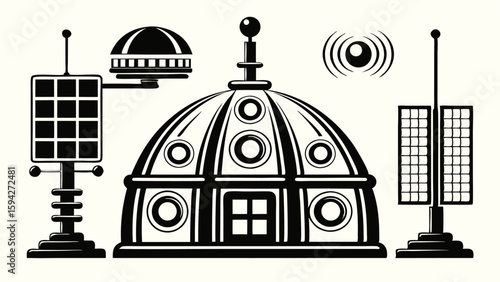 Illustration of dome structure with satellite dishes and antenna in black and white retro sci fi style | editable eps vectors silhouette