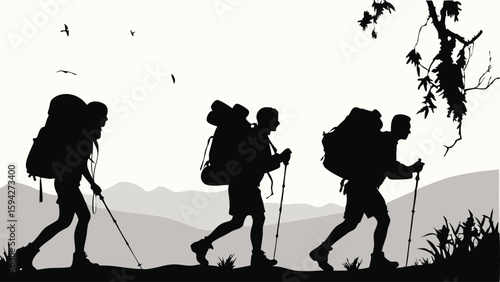 Silhouettes of three hikers with backpacks and trekking poles walking in a mountainous landscape view | editable eps vectors