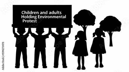 Silhouette of children and adults holding a protest sign with trees in the background in black and white | editable eps vectors