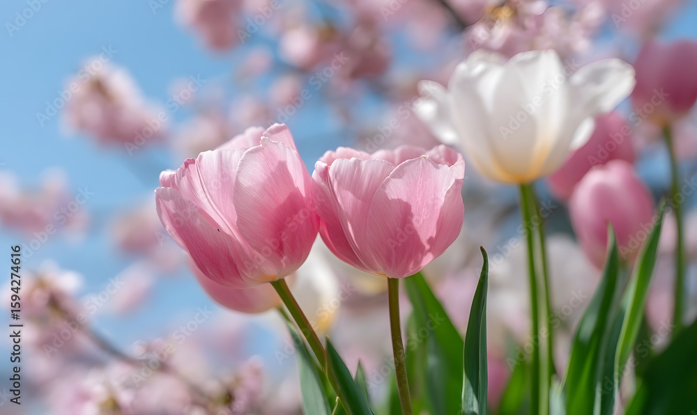 Fototapeta premium Pink and white tulips in full bloom, with cherry blossoms blooming behind them against the blue sky.