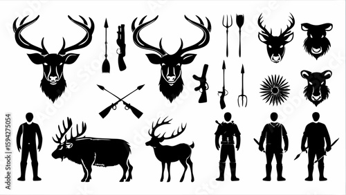 Collection of hunting elements featuring deer heads hunters weapons and various hunting related equipment | editable eps vectors silhouette