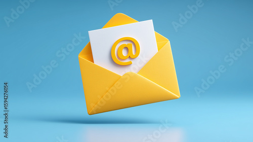 A cartoonish, letter with an yellow envelope, on a blue background. The letter is open and has white paper coming out from inside it.