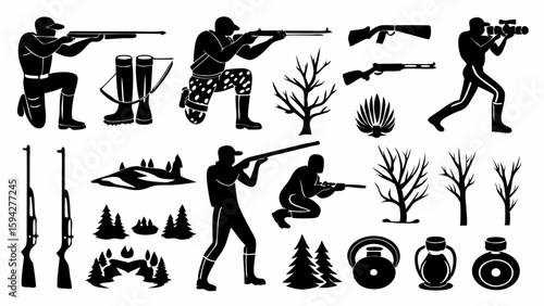 Silhouette illustrations of hunters with rifles, trees, boots, and other hunting related elements artfully arranged | editable eps vectors